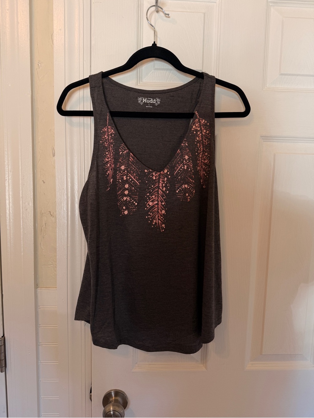 Mudd Dark Gray Tank with Pink Feather Print